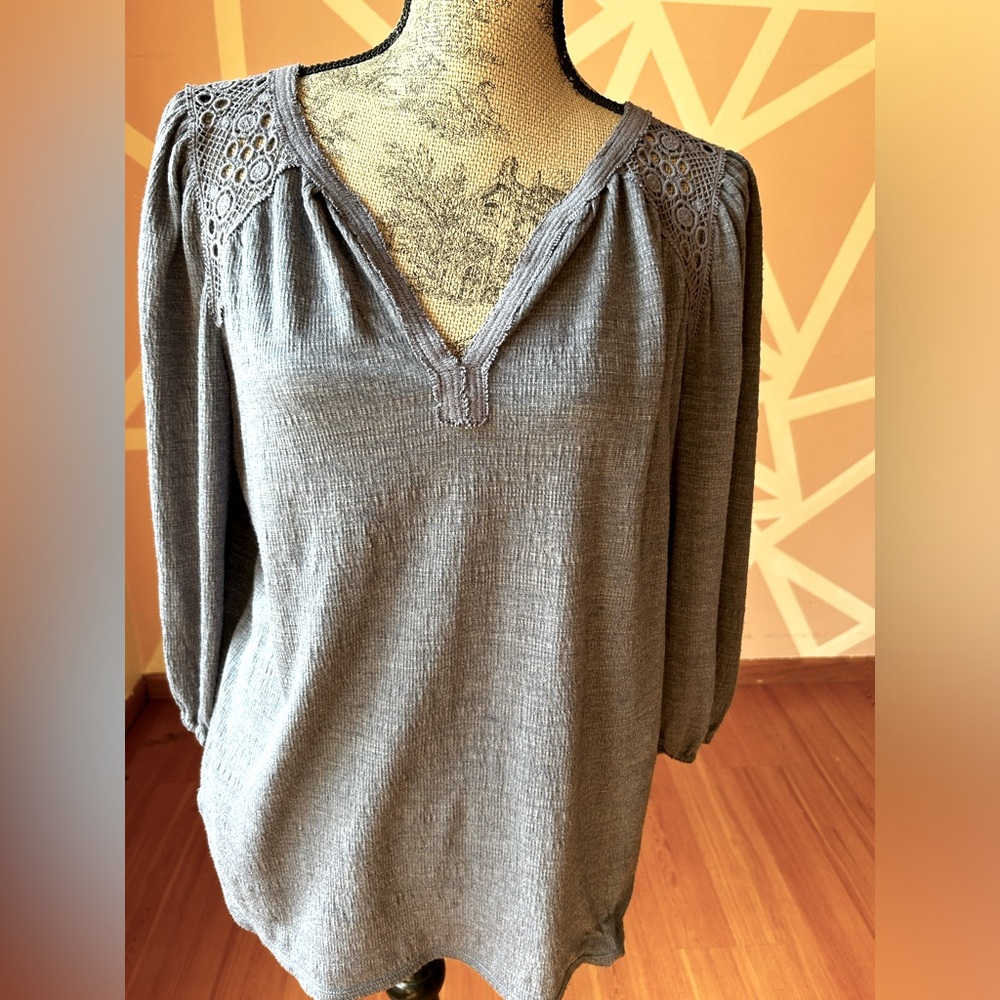 Max Studio blue shirt with lace shoulder accent, size small